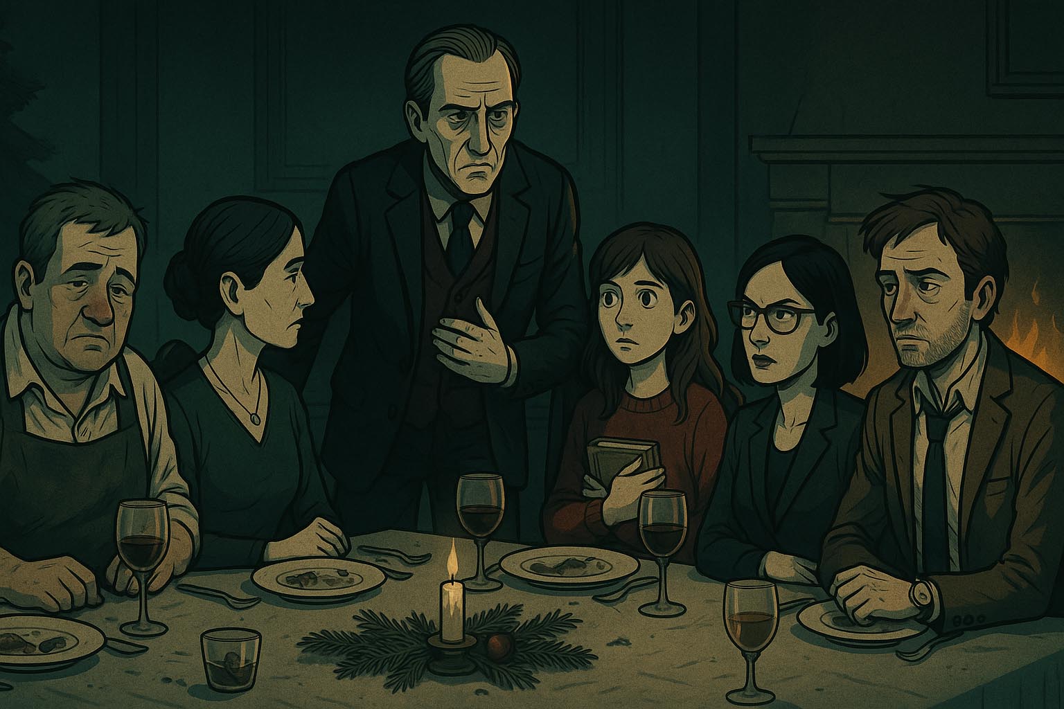 Seis comensales alrededor de una mesa navideña frente a una chimenea encendida, en un comedor antiguo