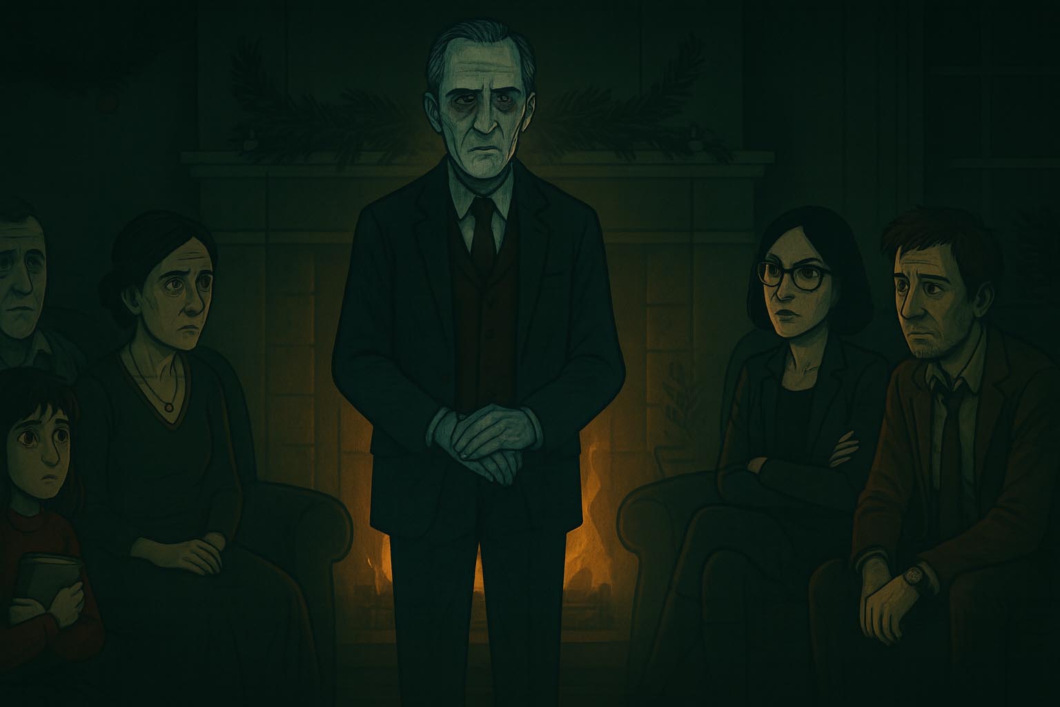 El anfitrión pálido y casi transparente junto a la chimenea, observado por los demás comensales