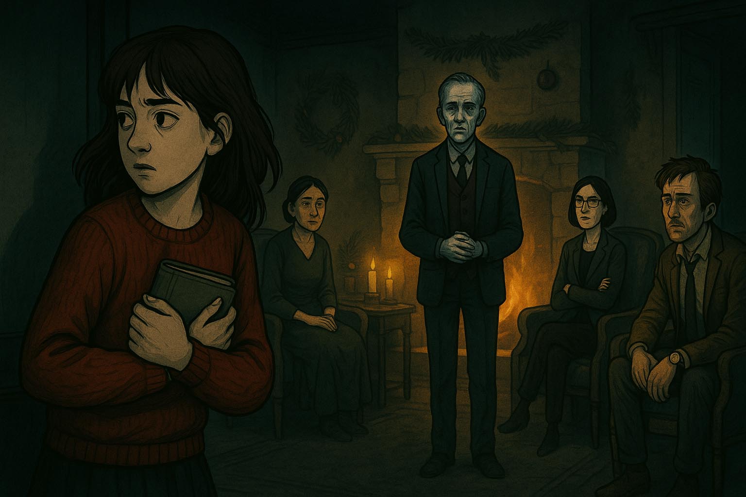 El anfitrión acusa a la socia y a su marido, que se miran nerviosos junto a la chimenea