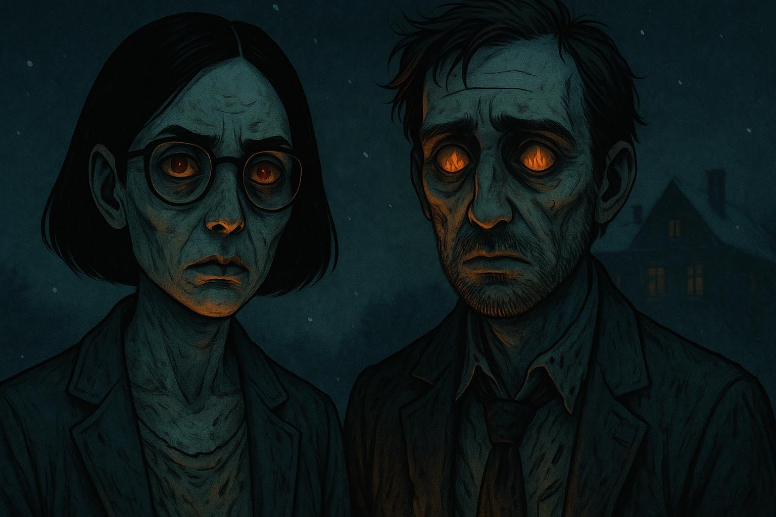 Casa antigua en llamas en la noche de Navidad, con dos figuras pálidas observando desde la calle y una niña alejándose